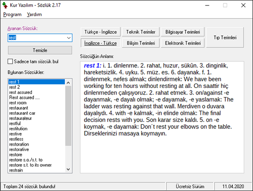 T�rk�e - �ngilizce S�zl�k Ekran Goruntusu