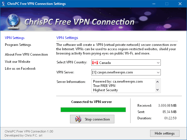 ChrisPC Free VPN Connection Ekran Goruntusu