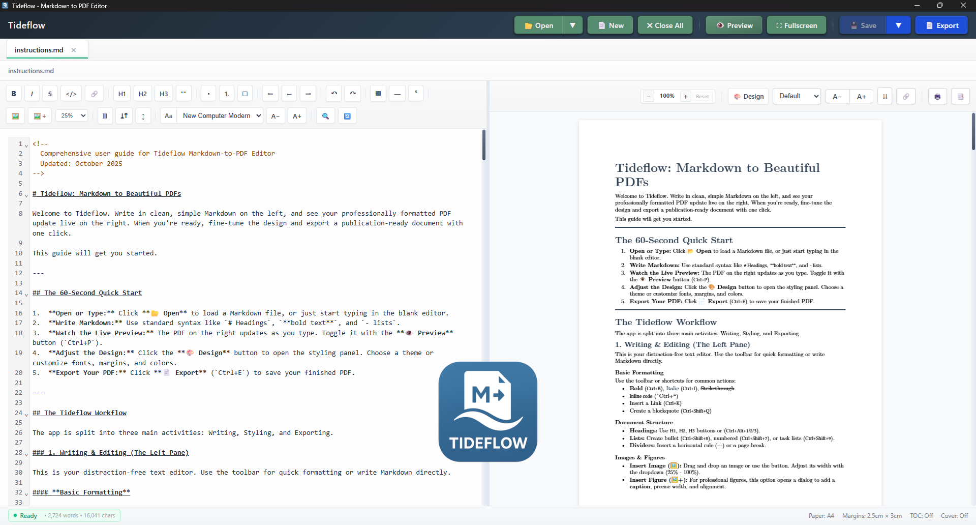 Tideflow md to pdf Ekran Goruntusu